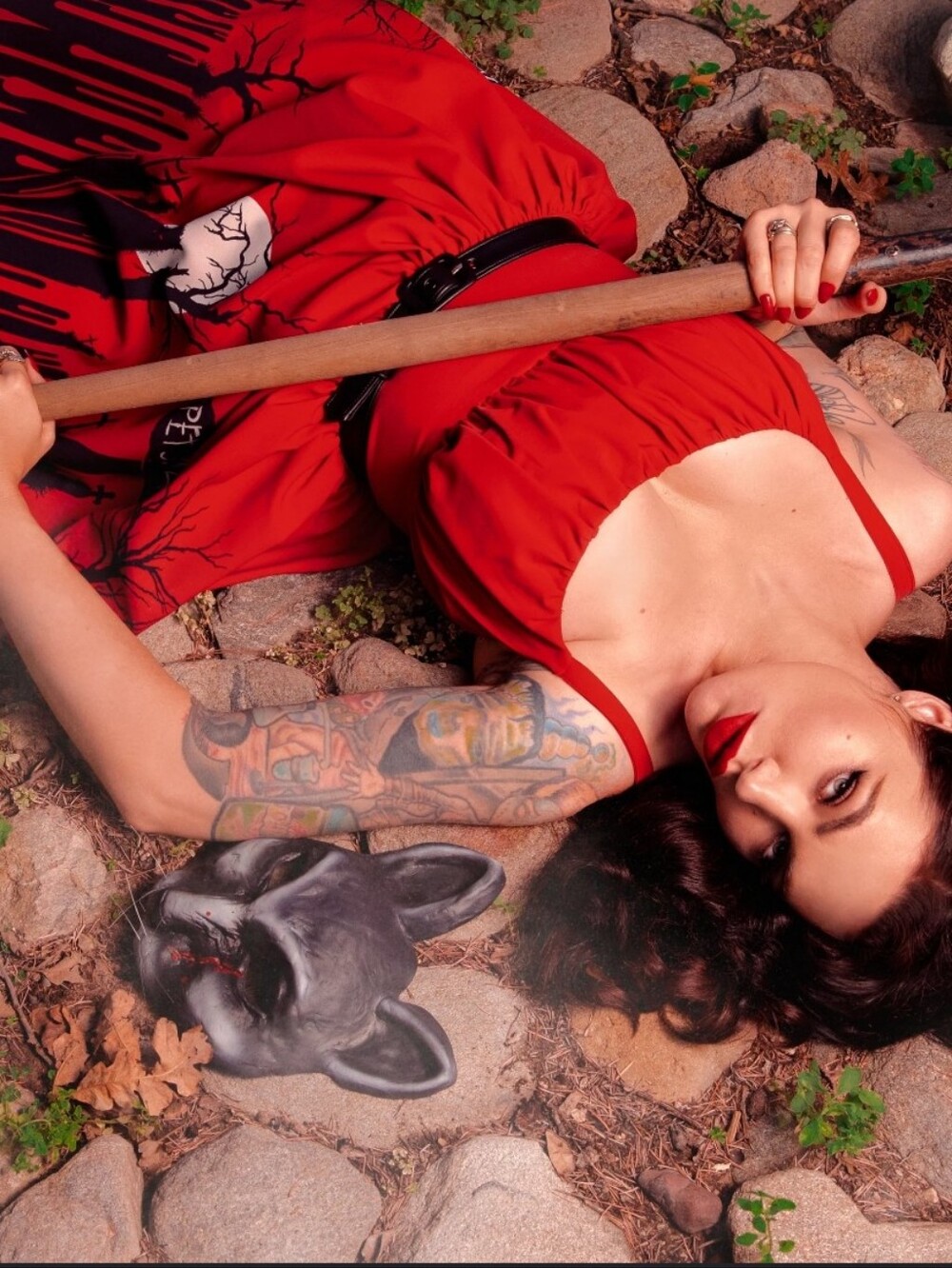 Vixen by Micheline Pitt red Pet Sematary border print swing dress. Soldout